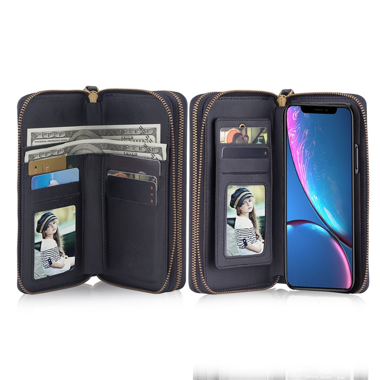 Retro Double Zipper Split Leather Wallet with Detachable TPU Casing for iPhone XR 6.1 inch - Black-33