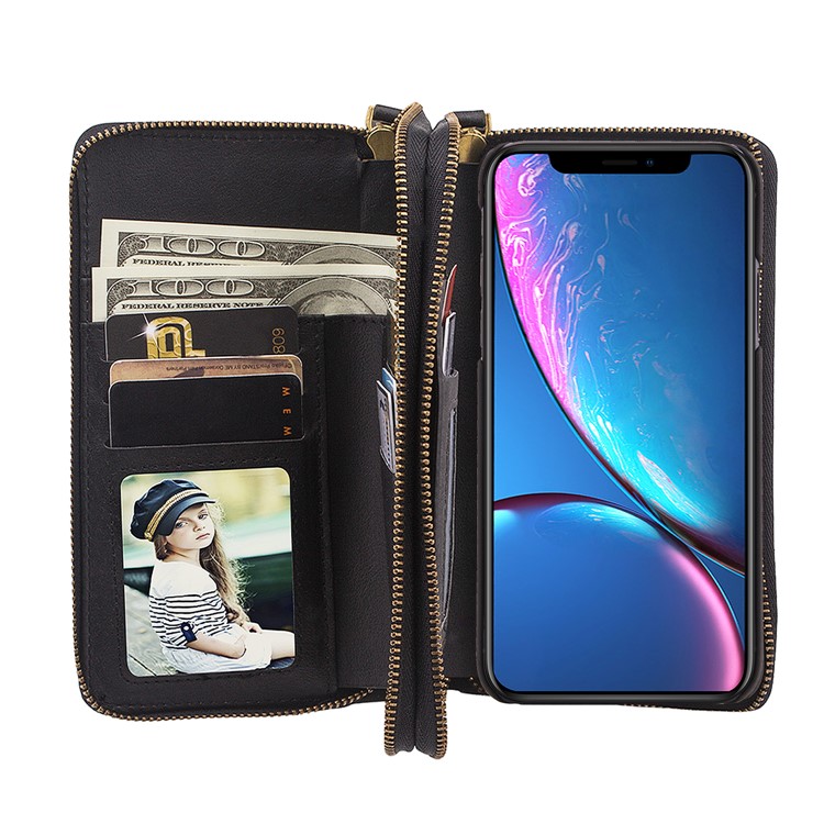 Retro Double Zipper Split Leather Wallet with Detachable TPU Casing for iPhone XR 6.1 inch - Black-36