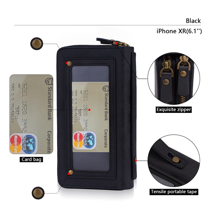 Retro Double Zipper Split Leather Wallet with Detachable TPU Casing for iPhone XR 6.1 inch - Black-4
