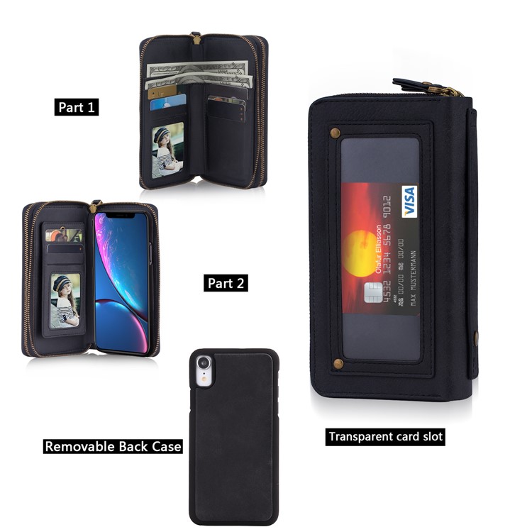 Retro Double Zipper Split Leather Wallet with Detachable TPU Casing for iPhone XR 6.1 inch - Black-5