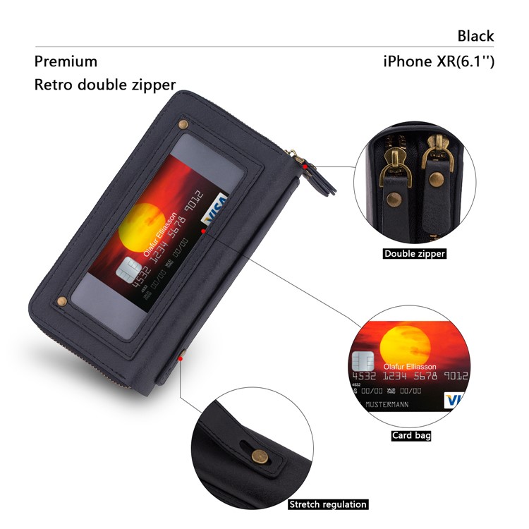 Retro Double Zipper Split Leather Wallet with Detachable TPU Casing for iPhone XR 6.1 inch - Black-6