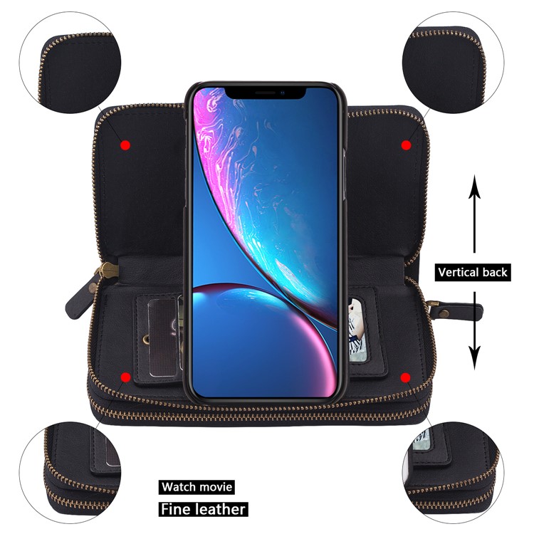 Retro Double Zipper Split Leather Wallet with Detachable TPU Casing for iPhone XR 6.1 inch - Black-8