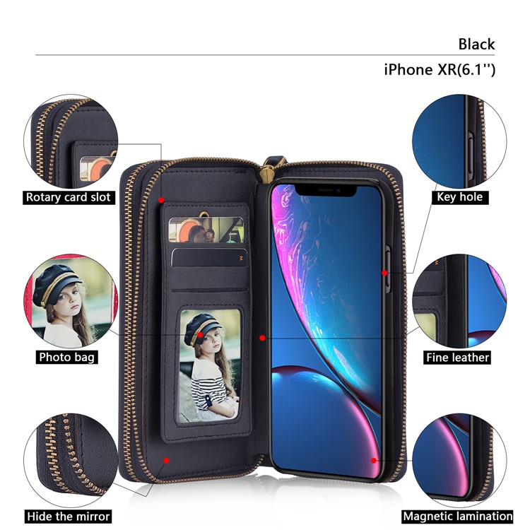 Retro Double Zipper Split Leather Wallet with Detachable TPU Casing for iPhone XR 6.1 inch - Black-9
