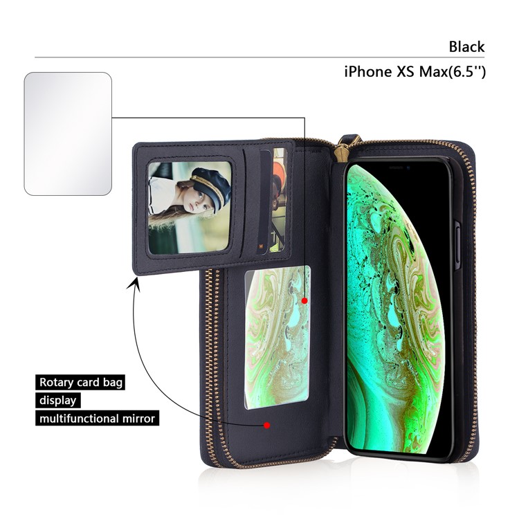 Retro Double Zipper Split Leather Wallet with Detachable TPU Casing for iPhone XS Max 6.5 inch - Black-10
