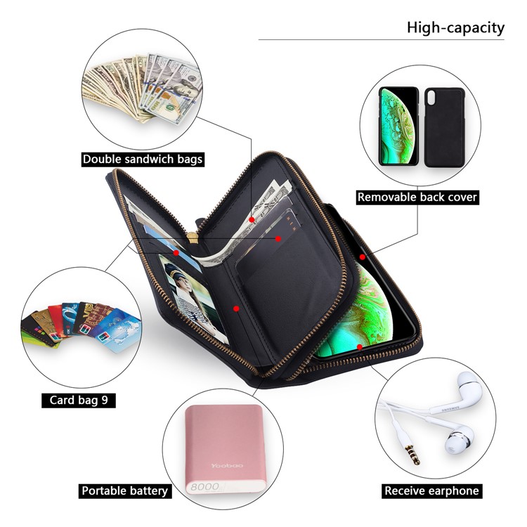 Retro Double Zipper Split Leather Wallet with Detachable TPU Casing for iPhone XS Max 6.5 inch - Black-13