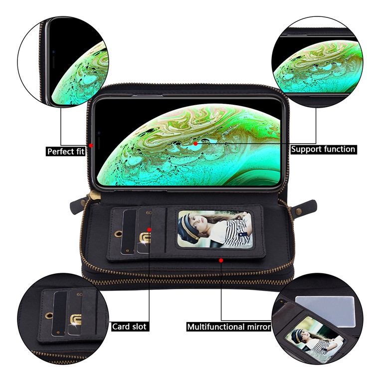 Retro Double Zipper Split Leather Wallet with Detachable TPU Casing for iPhone XS Max 6.5 inch - Black-14