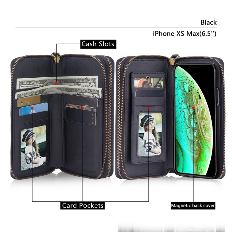 Retro Double Zipper Split Leather Wallet with Detachable TPU Casing for iPhone XS Max 6.5 inch - Black-16