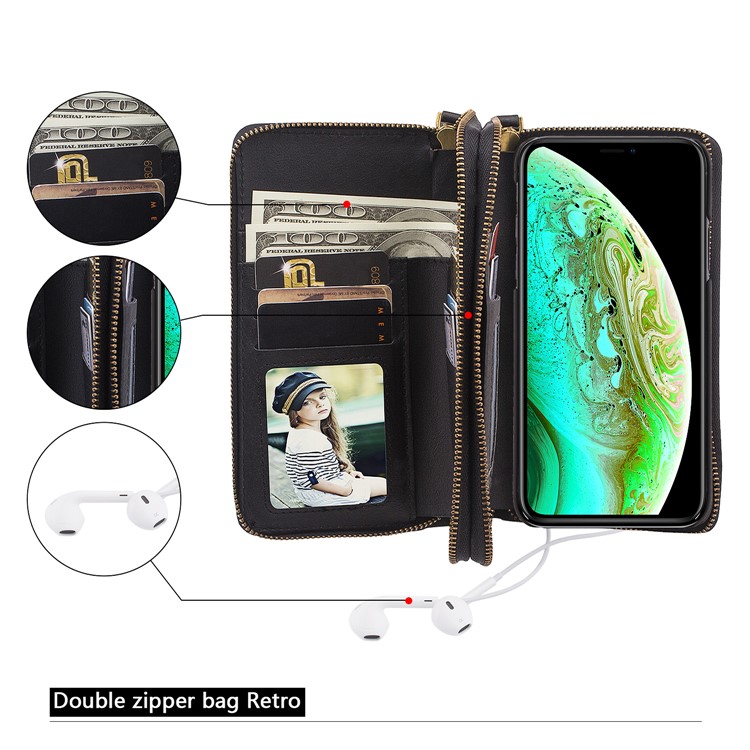 Retro Double Zipper Split Leather Wallet with Detachable TPU Casing for iPhone XS Max 6.5 inch - Black-19