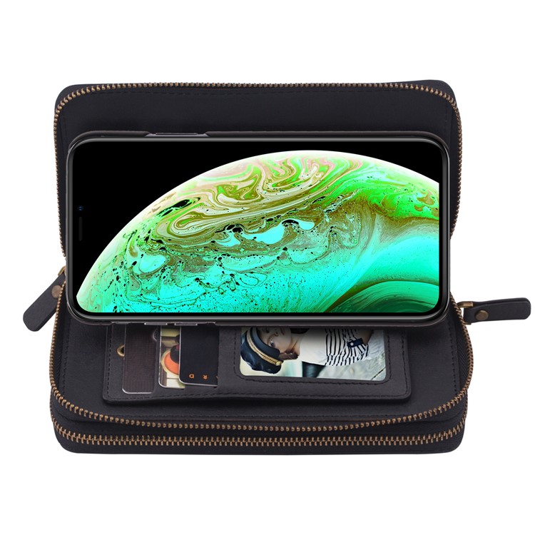 Retro Double Zipper Split Leather Wallet with Detachable TPU Casing for iPhone XS Max 6.5 inch - Black-25