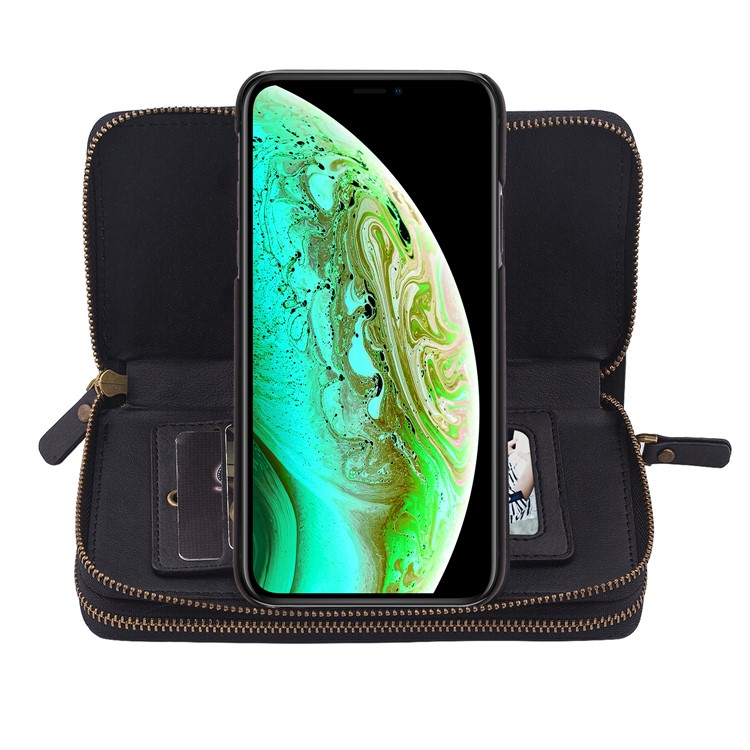 Retro Double Zipper Split Leather Wallet with Detachable TPU Casing for iPhone XS Max 6.5 inch - Black-26