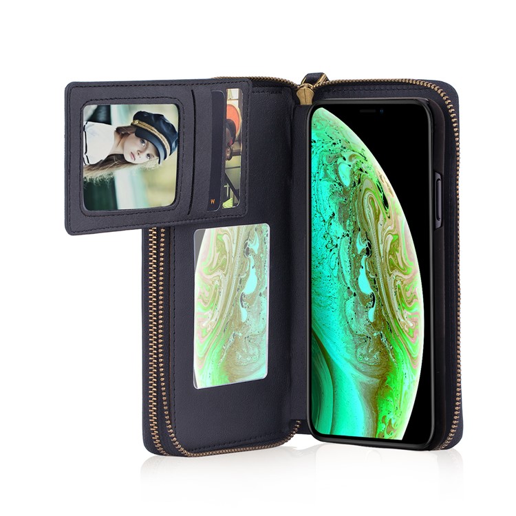 Retro Double Zipper Split Leather Wallet with Detachable TPU Casing for iPhone XS Max 6.5 inch - Black-29