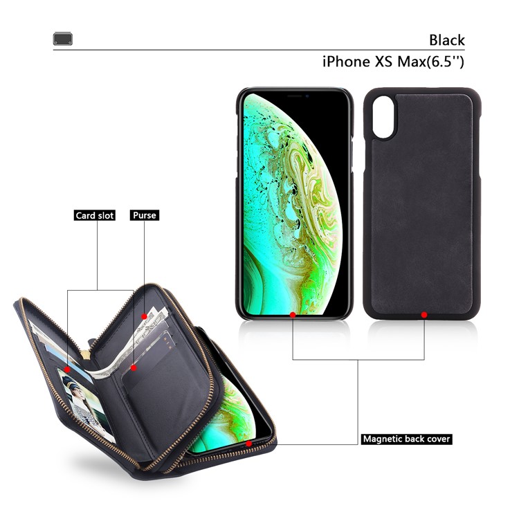 Retro Double Zipper Split Leather Wallet with Detachable TPU Casing for iPhone XS Max 6.5 inch - Black-3