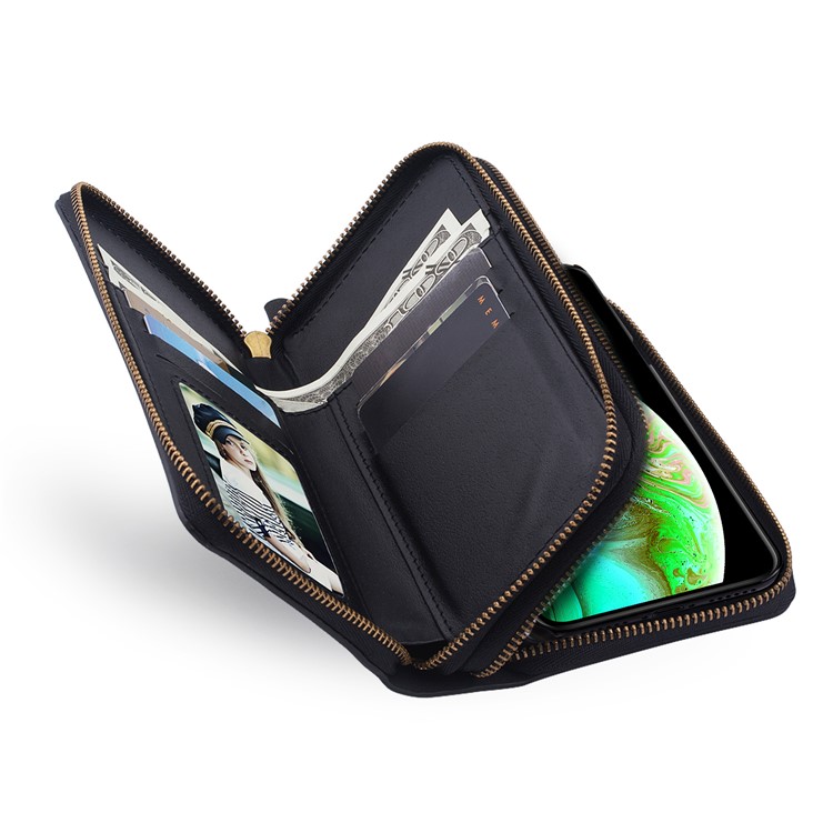 Retro Double Zipper Split Leather Wallet with Detachable TPU Casing for iPhone XS Max 6.5 inch - Black-30
