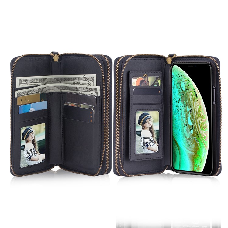 Retro Double Zipper Split Leather Wallet with Detachable TPU Casing for iPhone XS Max 6.5 inch - Black-33