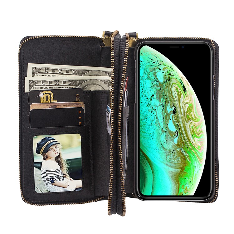Retro Double Zipper Split Leather Wallet with Detachable TPU Casing for iPhone XS Max 6.5 inch - Black-36