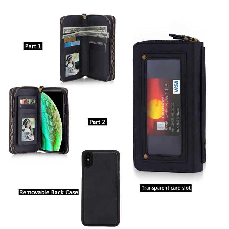 Retro Double Zipper Split Leather Wallet with Detachable TPU Casing for iPhone XS Max 6.5 inch - Black-5