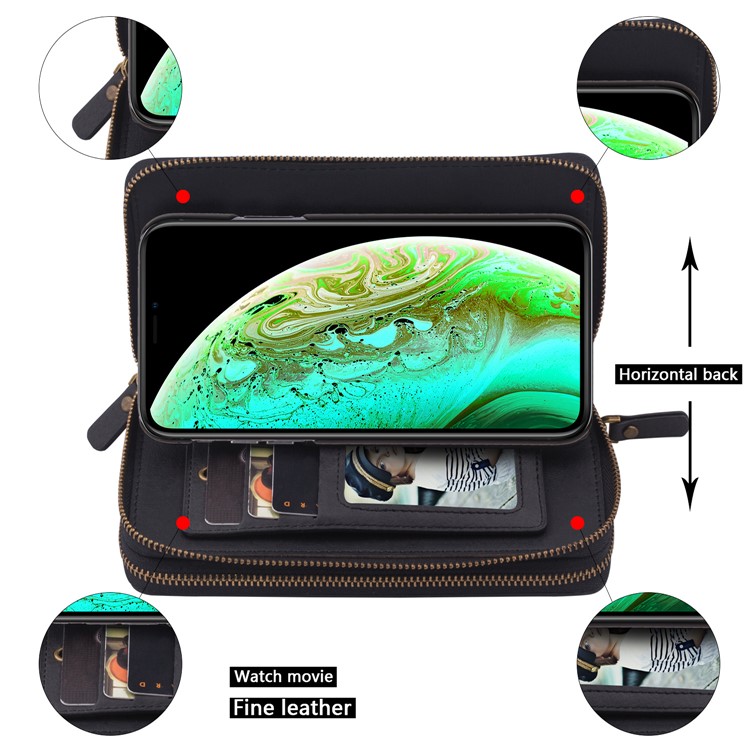 Retro Double Zipper Split Leather Wallet with Detachable TPU Casing for iPhone XS Max 6.5 inch - Black-7
