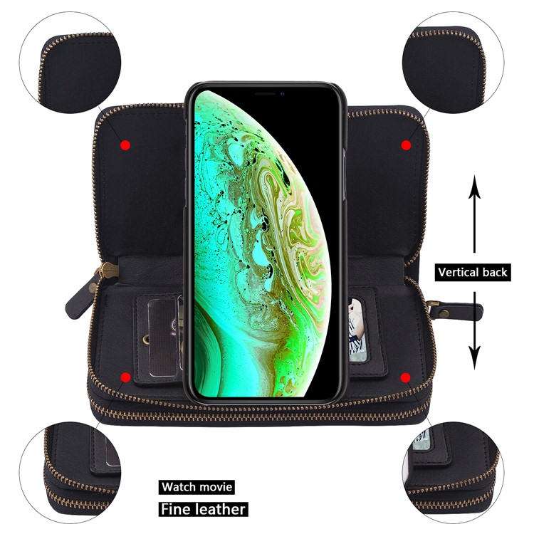 Retro Double Zipper Split Leather Wallet with Detachable TPU Casing for iPhone XS Max 6.5 inch - Black-8