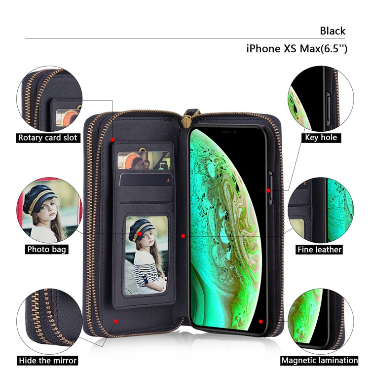 Retro Double Zipper Split Leather Wallet with Detachable TPU Casing for iPhone XS Max 6.5 inch - Black-9