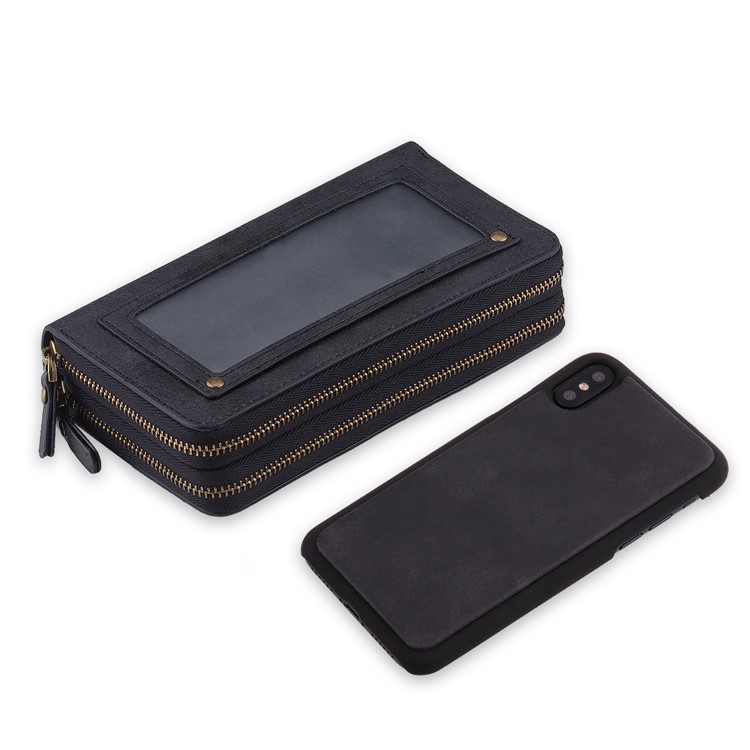 Retro Double Zipper Split Leather Wallet with Detachable TPU Casing for iPhone Xs 5.8 inch - Black-1