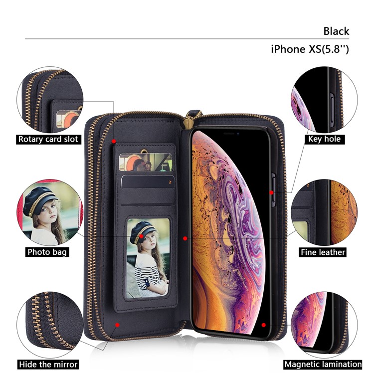 Retro Double Zipper Split Leather Wallet with Detachable TPU Casing for iPhone Xs 5.8 inch - Black-10