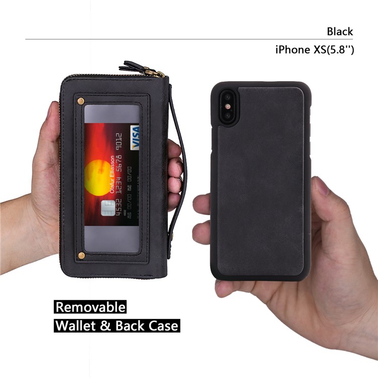 Retro Double Zipper Split Leather Wallet with Detachable TPU Casing for iPhone Xs 5.8 inch - Black-12