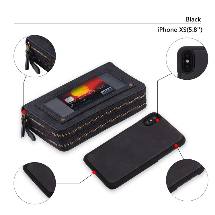 Retro Double Zipper Split Leather Wallet with Detachable TPU Casing for iPhone Xs 5.8 inch - Black-13