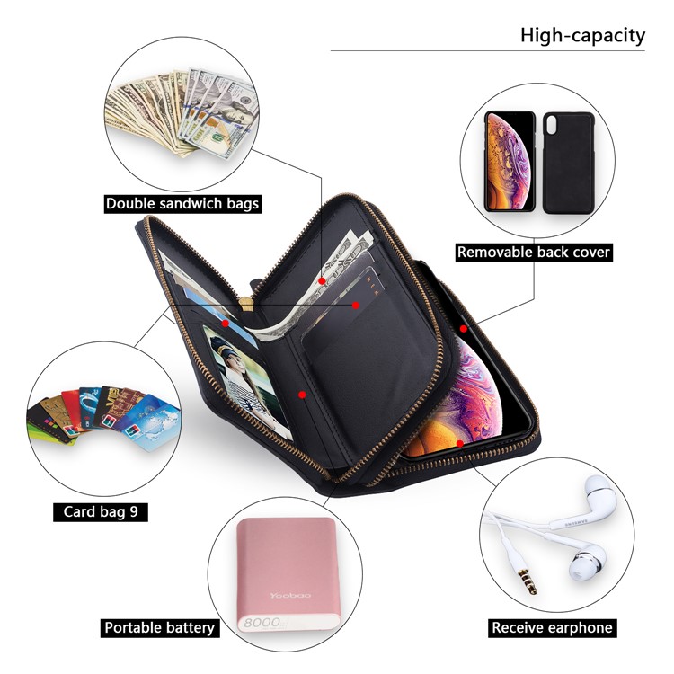 Retro Double Zipper Split Leather Wallet with Detachable TPU Casing for iPhone Xs 5.8 inch - Black-14