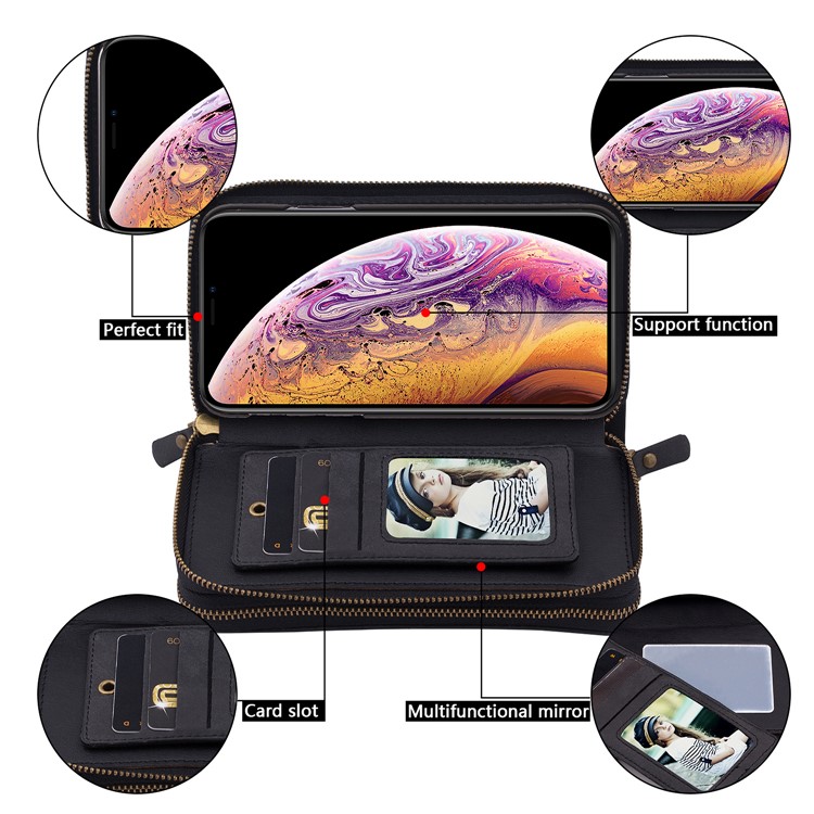 Retro Double Zipper Split Leather Wallet with Detachable TPU Casing for iPhone Xs 5.8 inch - Black-15