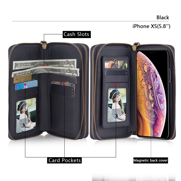 Retro Double Zipper Split Leather Wallet with Detachable TPU Casing for iPhone Xs 5.8 inch - Black-17