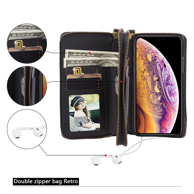 Retro Double Zipper Split Leather Wallet with Detachable TPU Casing for iPhone Xs 5.8 inch - Black-19