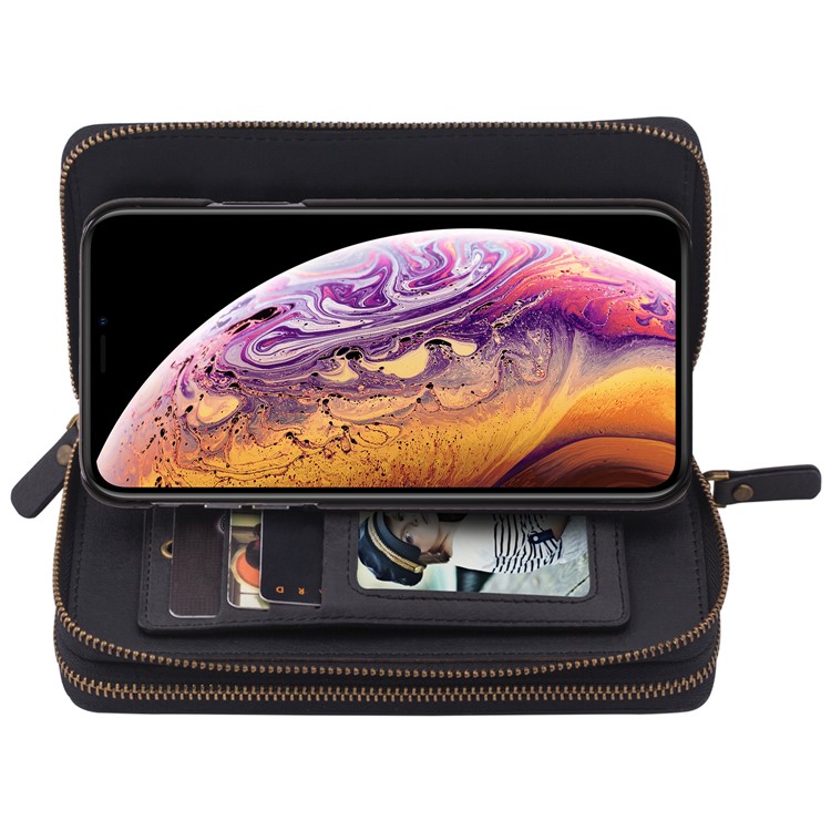 Retro Double Zipper Split Leather Wallet with Detachable TPU Casing for iPhone Xs 5.8 inch - Black-24