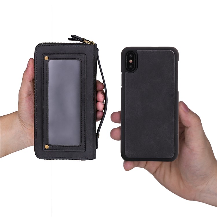 Retro Double Zipper Split Leather Wallet with Detachable TPU Casing for iPhone Xs 5.8 inch - Black-26
