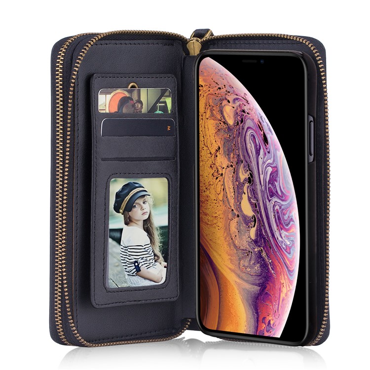 Retro Double Zipper Split Leather Wallet with Detachable TPU Casing for iPhone Xs 5.8 inch - Black-27