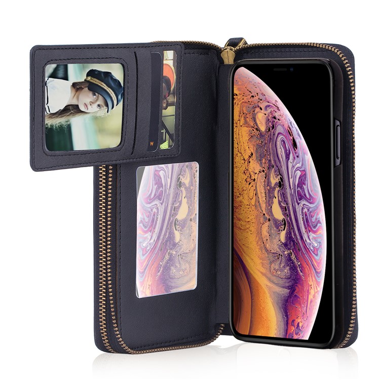 Retro Double Zipper Split Leather Wallet with Detachable TPU Casing for iPhone Xs 5.8 inch - Black-28