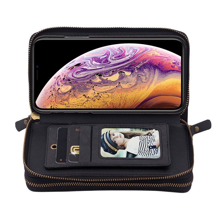 Retro Double Zipper Split Leather Wallet with Detachable TPU Casing for iPhone Xs 5.8 inch - Black-30