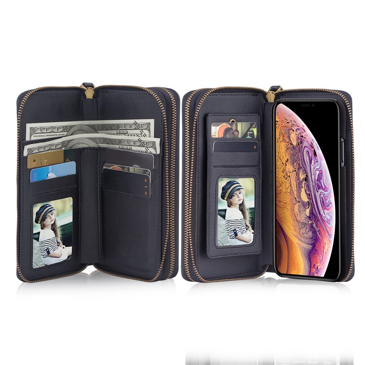 Retro Double Zipper Split Leather Wallet with Detachable TPU Casing for iPhone Xs 5.8 inch - Black-32