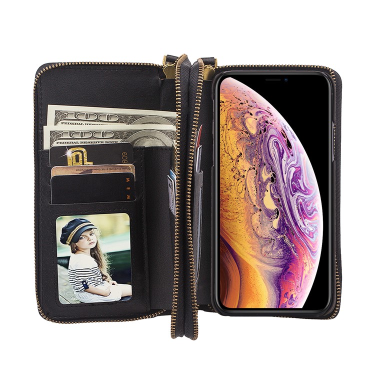 Retro Double Zipper Split Leather Wallet with Detachable TPU Casing for iPhone Xs 5.8 inch - Black-35