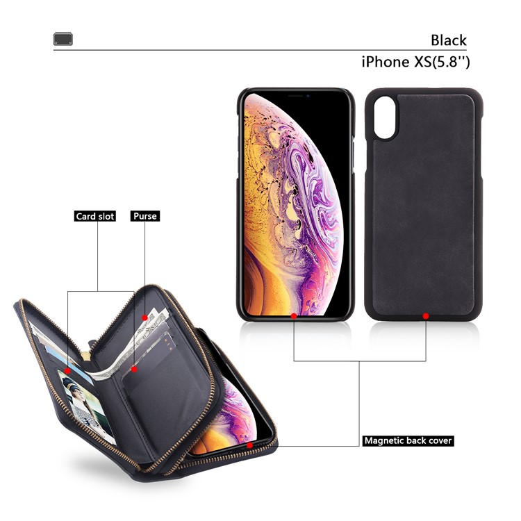 Retro Double Zipper Split Leather Wallet with Detachable TPU Casing for iPhone Xs 5.8 inch - Black-4