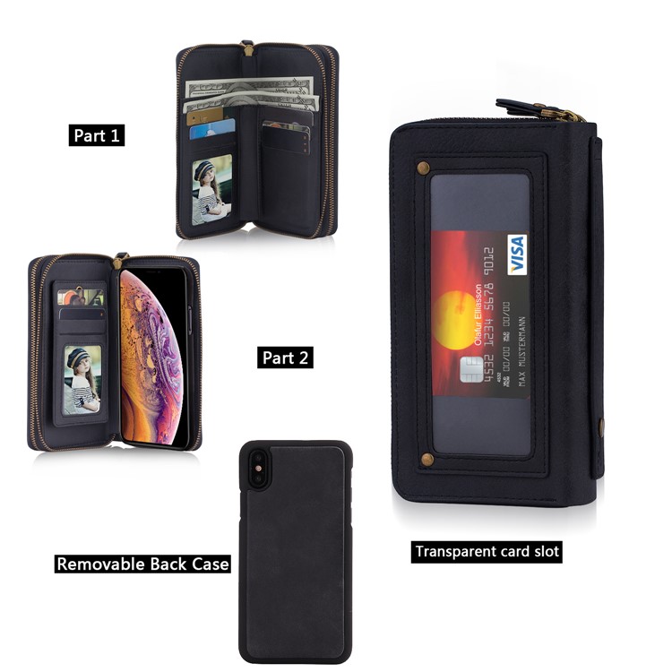 Retro Double Zipper Split Leather Wallet with Detachable TPU Casing for iPhone Xs 5.8 inch - Black-6