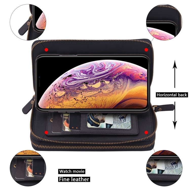 Retro Double Zipper Split Leather Wallet with Detachable TPU Casing for iPhone Xs 5.8 inch - Black-8