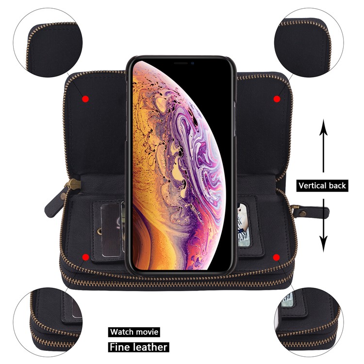 Retro Double Zipper Split Leather Wallet with Detachable TPU Casing for iPhone Xs 5.8 inch - Black-9
