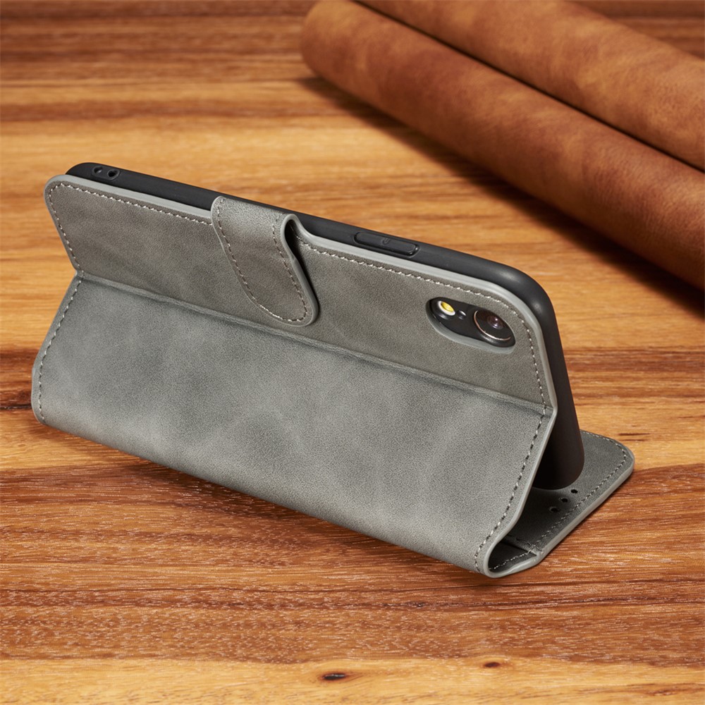 DG.MING Retro Style Leather Stand Case with Card Slots for iPhone XR 6.1 inch - Grey-3