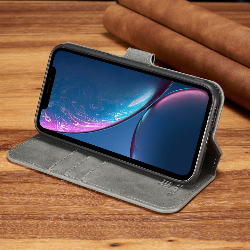 DG.MING Retro Style Leather Stand Case with Card Slots for iPhone XR 6.1 inch - Grey-4