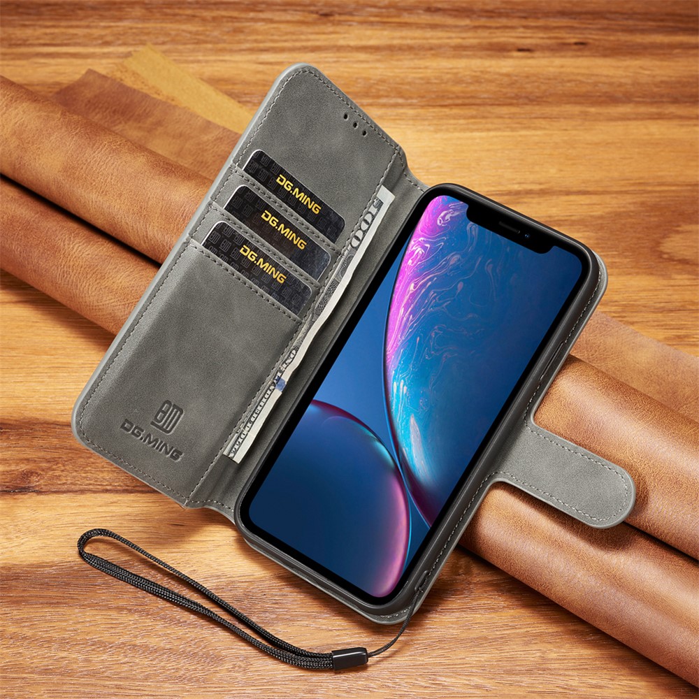 DG.MING Retro Style Leather Stand Case with Card Slots for iPhone XR 6.1 inch - Grey-6