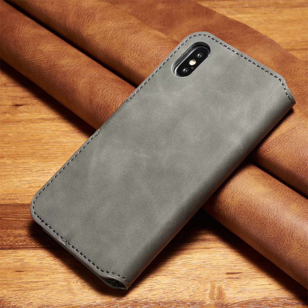 DG.MING Retro Style Wallet Leather Stand Case for iPhone Xs 5.8 inch - Grey-2