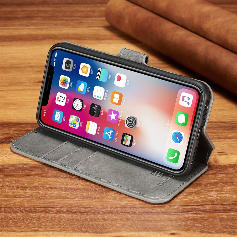 DG.MING Retro Style Wallet Leather Stand Case for iPhone Xs 5.8 inch - Grey-4