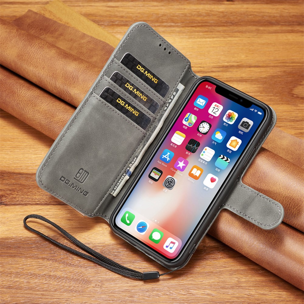 DG.MING Retro Style Wallet Leather Stand Case for iPhone Xs 5.8 inch - Grey-6