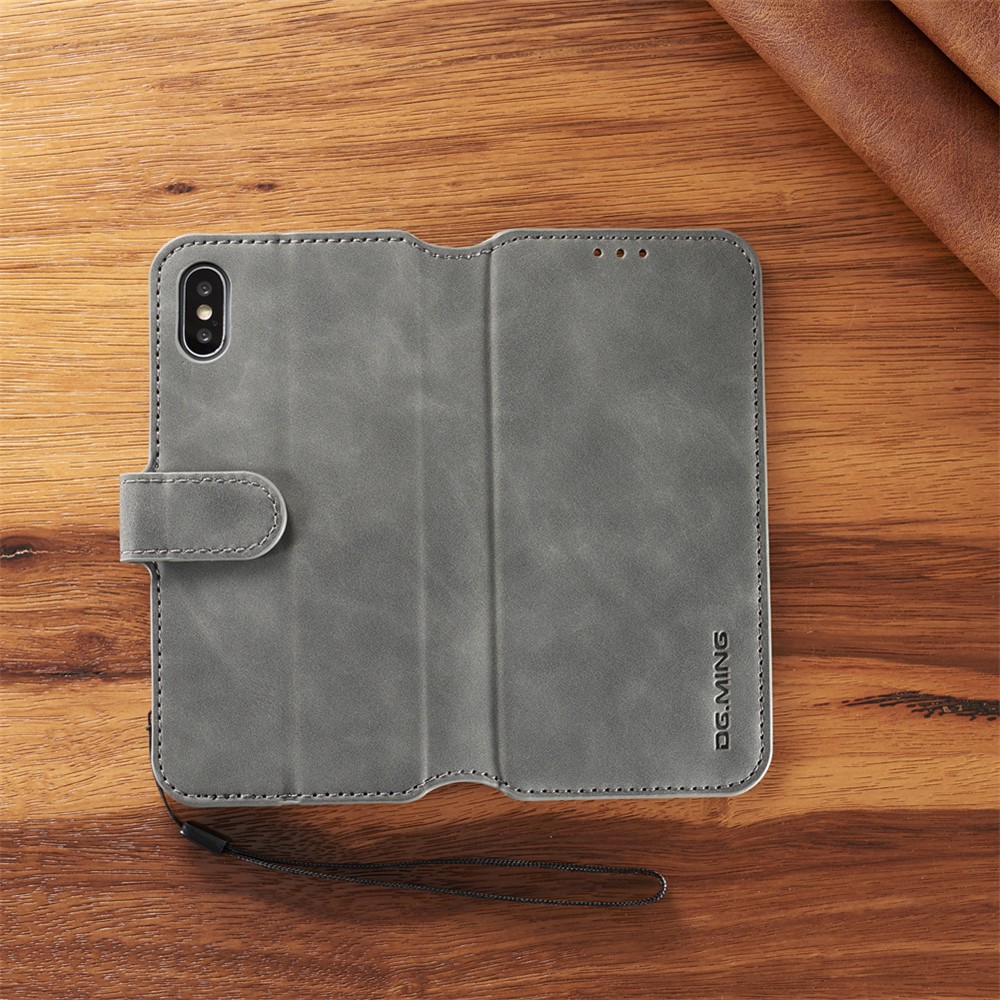 DG.MING Retro Style Wallet Leather Stand Case for iPhone Xs 5.8 inch - Grey-8