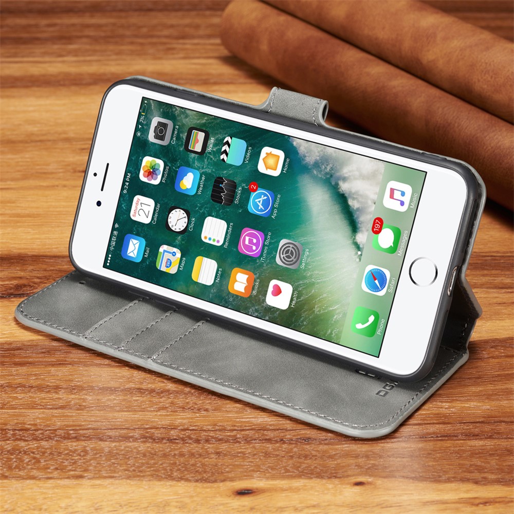 DG.MING Retro Style Wallet Leather Stand Case for iPhone 8 Plus / 7 Plus - Grey-4